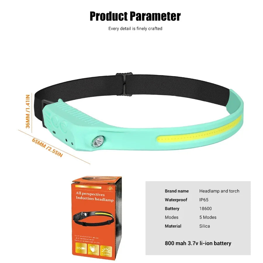 Linterna Frontal LED COB Recargable con Sensor de Movimiento, 5 Modos