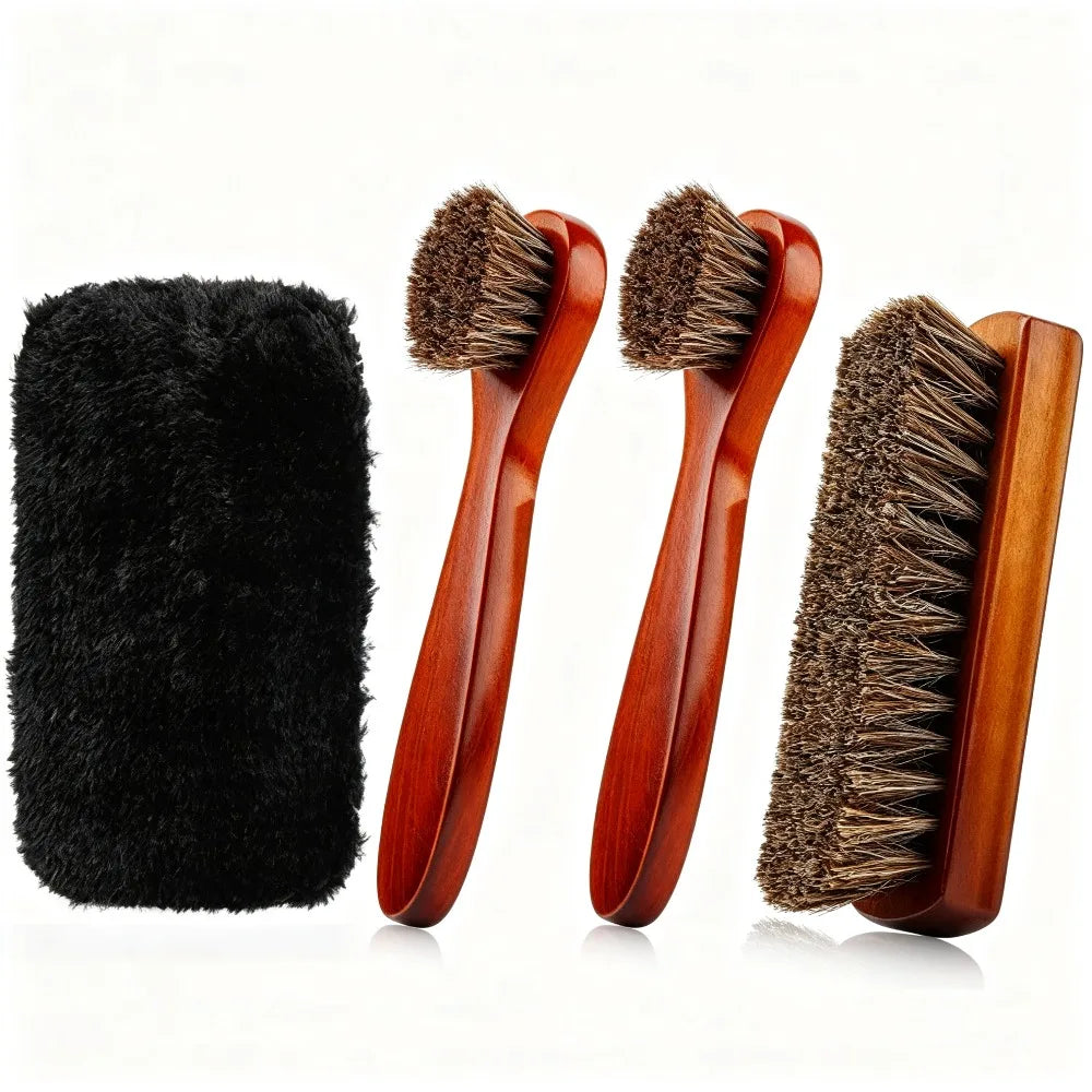 4 cepillos de crin para pulir zapatos, aplicadores para limpiar calzado de cuero, cepillo para el cuidado de botas, cepillo para gamuza, guantes de microfibra para zapatos