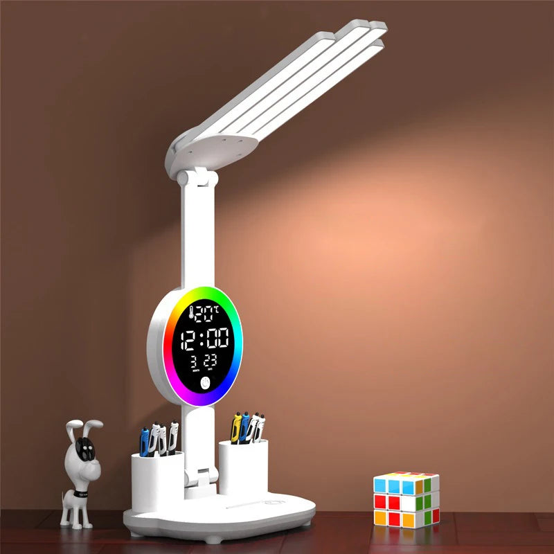 Lámpara de mesa recargable para estudio, lámpara de escritorio, luz de lectura, luz de mesa Led con ventilador, lámpara de lectura de pantalla de reloj Led