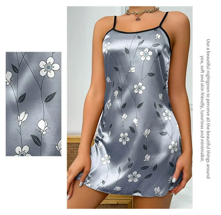 Ropa de dormir para mujer, camisón de satén con estampado Floral de verano, vestido de noche informal sin mangas con espalda descubierta, camisón Sexy, ropa para el hogar