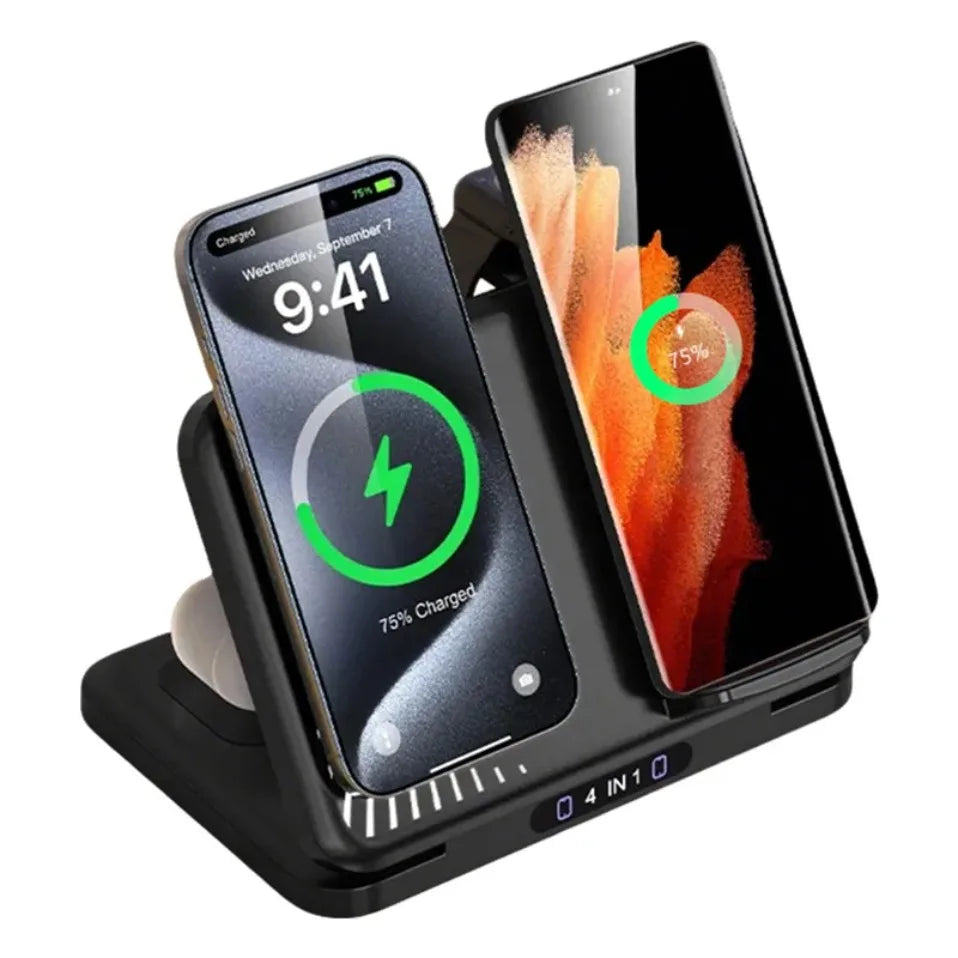 Cargador Inalámbrico 4 en 1 para Dos Teléfonos, Compatible con iPhone 17~12, Samsung S25, Xiaomi, Airpods Pro, Apple Watch 11~2, Carga Rápida Magnética