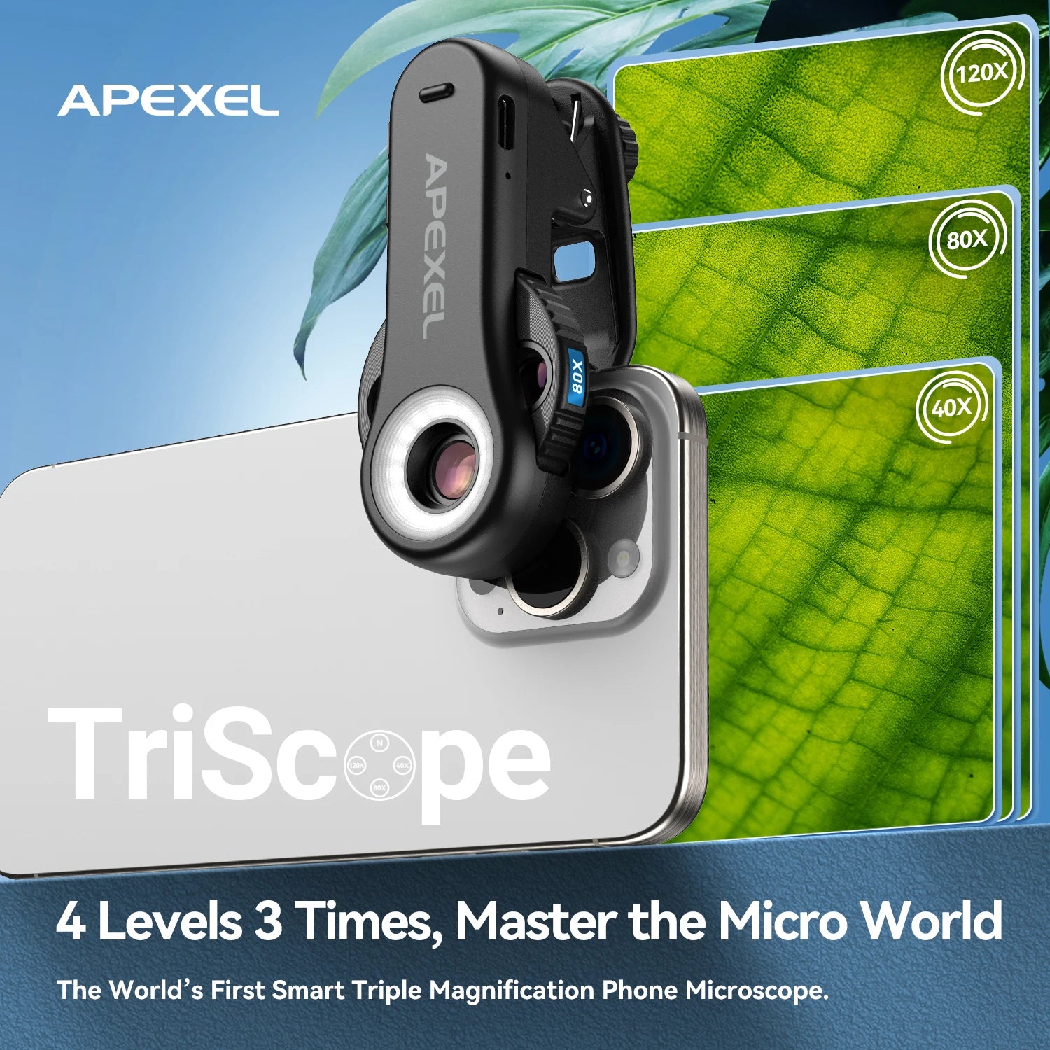 Microscopio APEXEL 3 en 1 40x/80x/120x con Luz LED para Celular