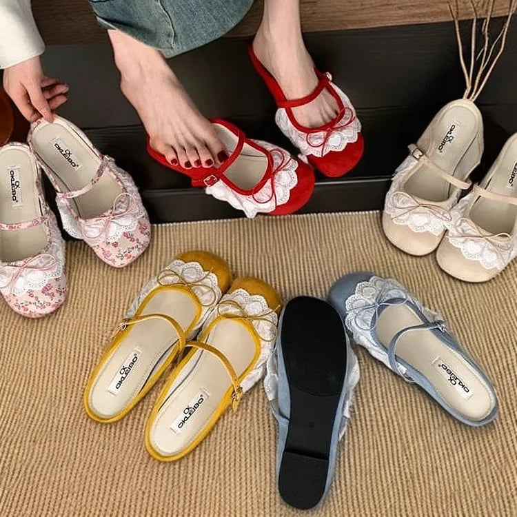 2025 Primavera Verano Nuevas zapatillas planas para mujer |   Zapatos de ballet Mary Jane de hada con lazo de encaje suave francés con punta cerrada y punta cuadrada