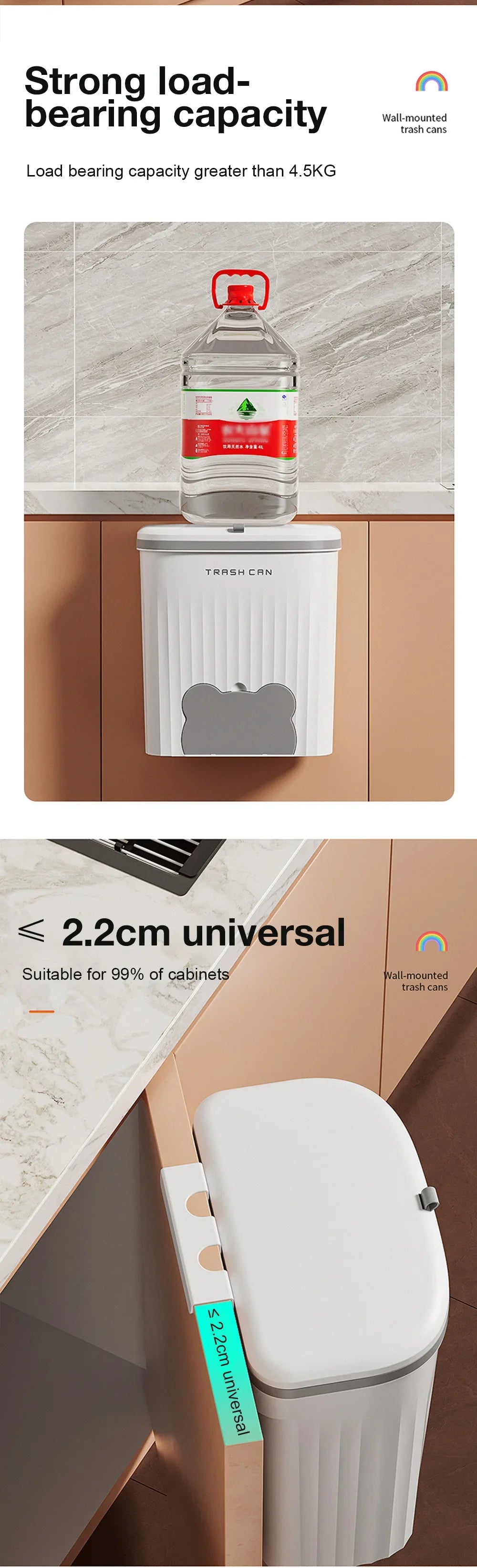 Cubo de basura de cocina 8,5/12L con tapa, montado en pared o encimera