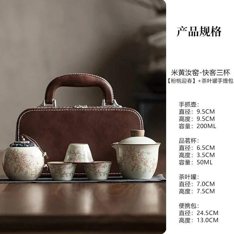 Set de tetera de viaje con tres tazas de cerámica y bolsa de almacenamiento para camping