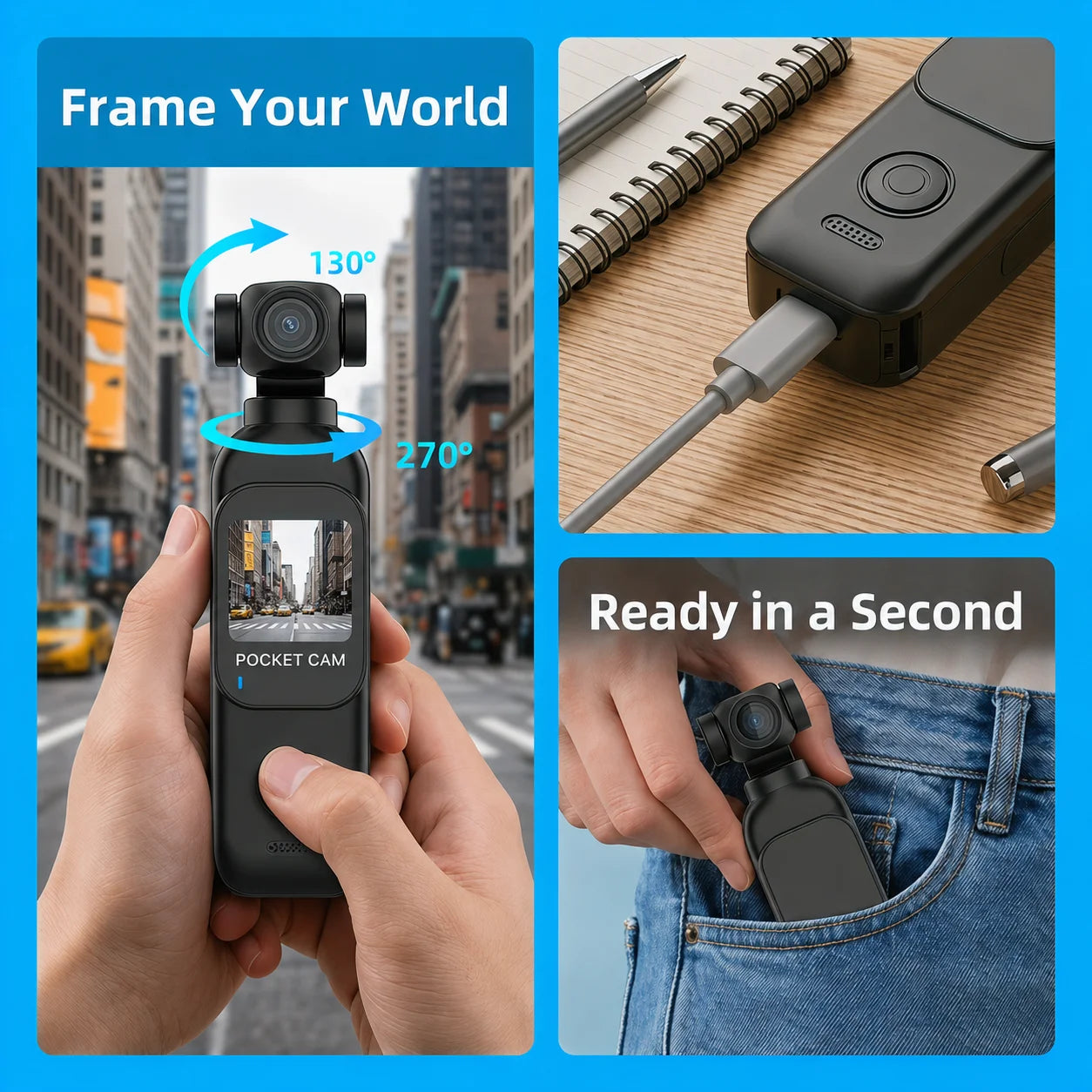 Cámara de bolsillo FHD 1080P con pantalla táctil, WiFi y montura magnética para vlogging
