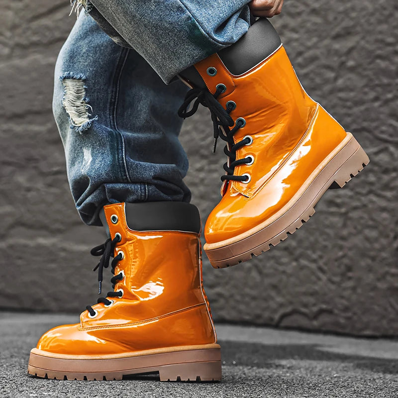 Botines de charol para hombre con cordones y suela gruesa antideslizante