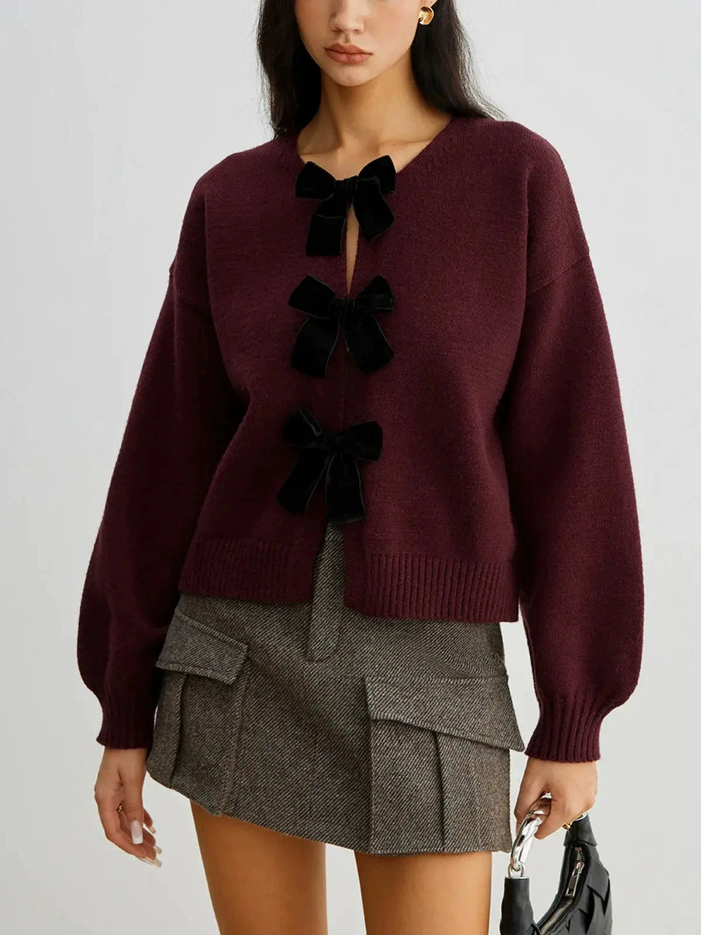 Otoño Invierno dulce coqueta mujeres suéteres cárdigan mujeres de manga larga de terciopelo arco tejido Cardigan temperamento prendas de vestir exteriores
