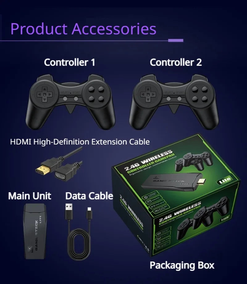 Consola de Videojuegos Retro 4K HD Game Stick Lite con Dos Controles Inalámbricos 2.4G, Plug & Play, con Juegos Clásicos Integrados