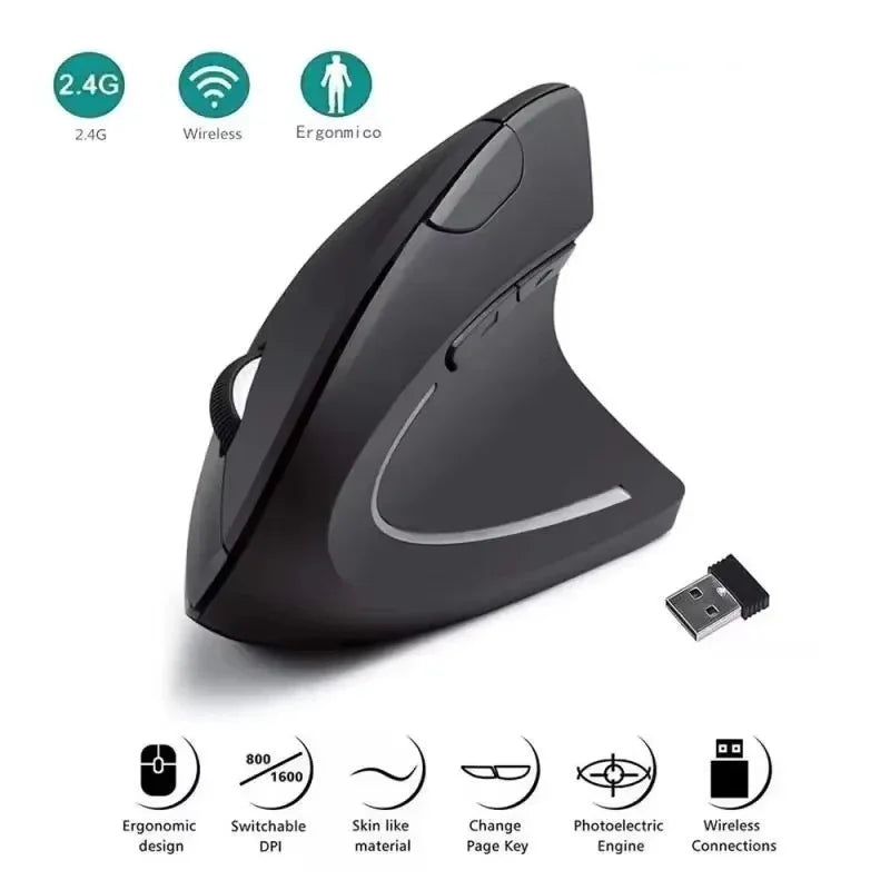Ratón Vertical Ergonómico Inalámbrico de 2.4GHz, Ratón Óptico con 3 DPI Ajustables 800/1200/1600, 6 Botones para Computadora Portátil, PC, Escritorio