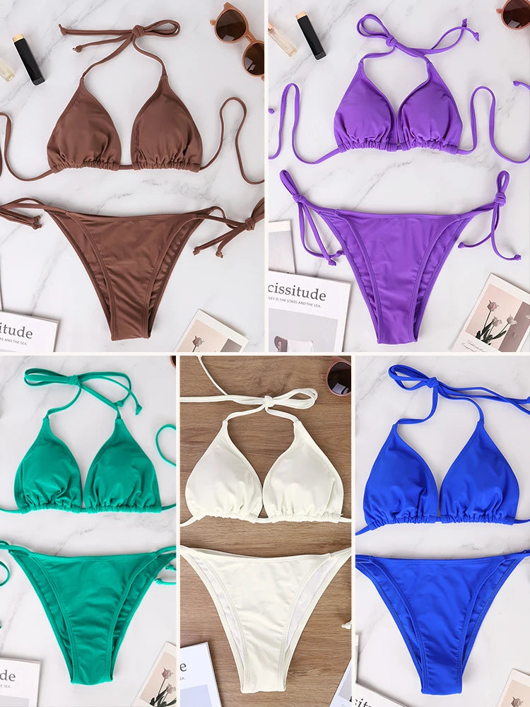 Nuevo Bikini con Tanga para mujer, conjunto de dos piezas, traje de baño Sexy Popular de estilo playero con cordones para mujer, microtanga, Bikini, traje de baño 2025