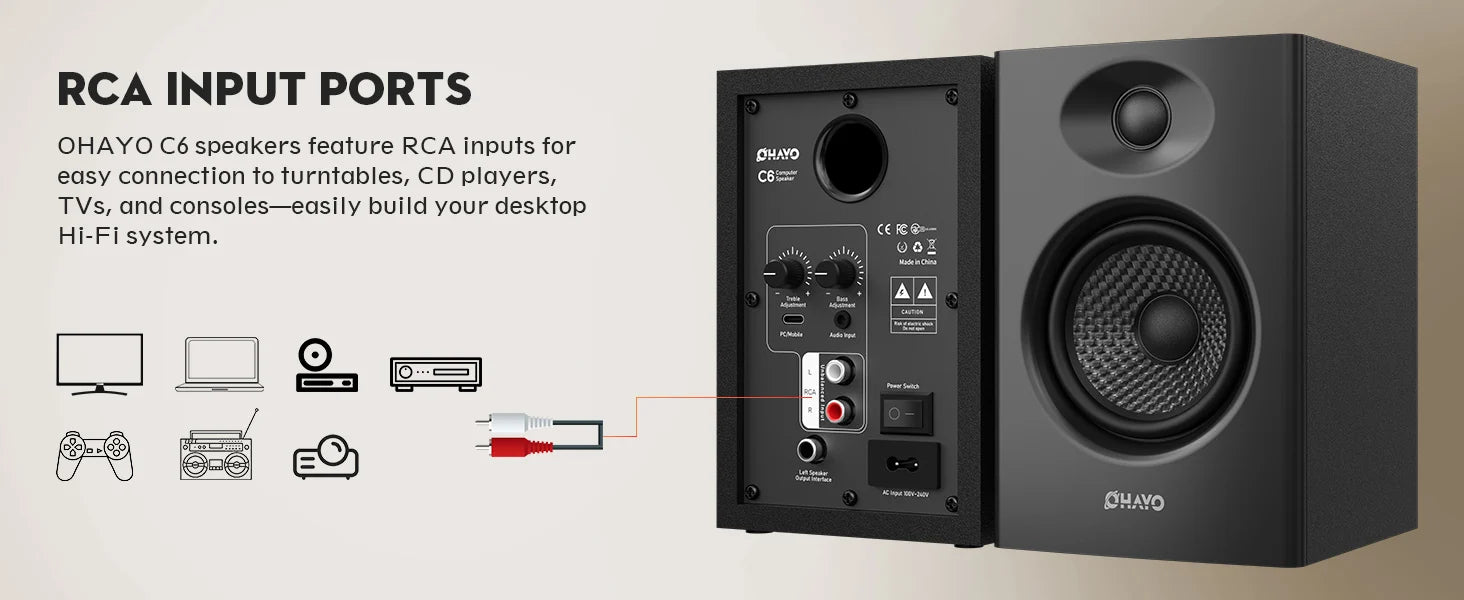 OHAYO Altavoces de Estantería Activos de 60W con Unidad de Fibra de Vidrio, Bluetooth 5.3 y Múltiples Entradas (USB/RCA/AUX) - para Juegos de PC Inmersivos