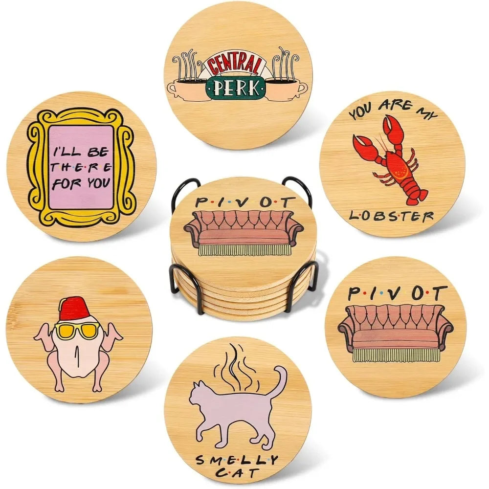 Juego de 6 posavasos de madera con soporte, decoración acogedora para el hogar, diseño de gato y langosta, posavasos decorativos para mesa de comedor