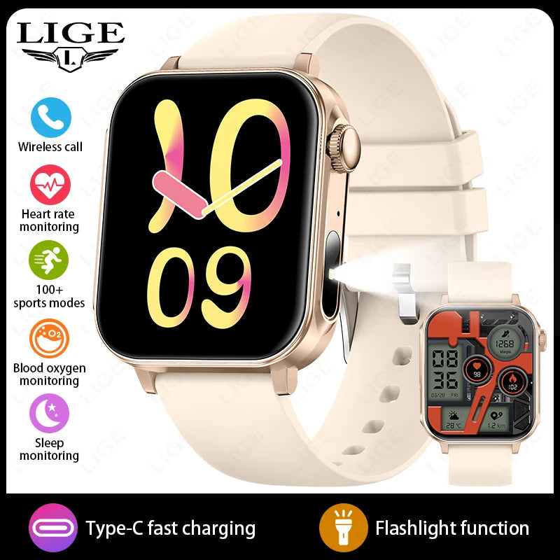 Smartwatch LIGE con llamadas Bluetooth, monitor de salud y carga rápida tipo C
