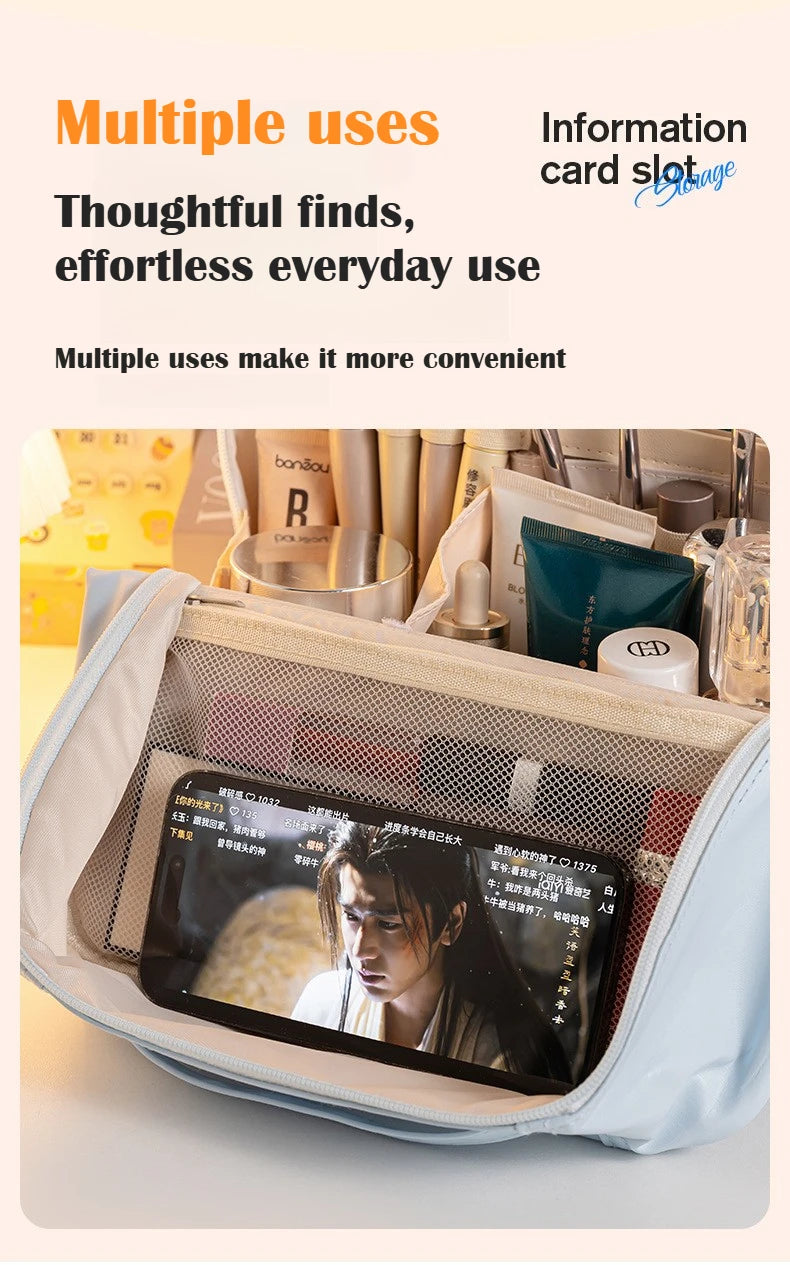 Bolsa de Maquillaje de Viaje para Mujer, Gran Capacidad, Impermeable, Organizador de Cosméticos con Abertura Amplia, Soporte para Brochas Independiente, Fácil Acceso