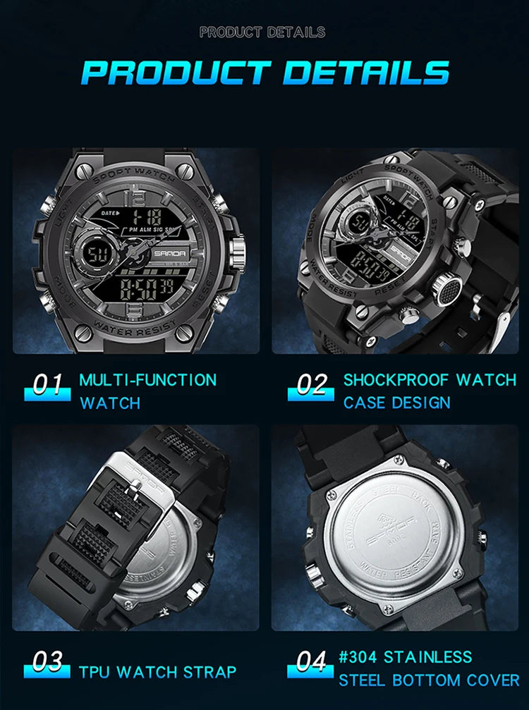 Reloj Deportivo Militar SANDA 6092 Pantalla Dual LED, Resistente al Agua