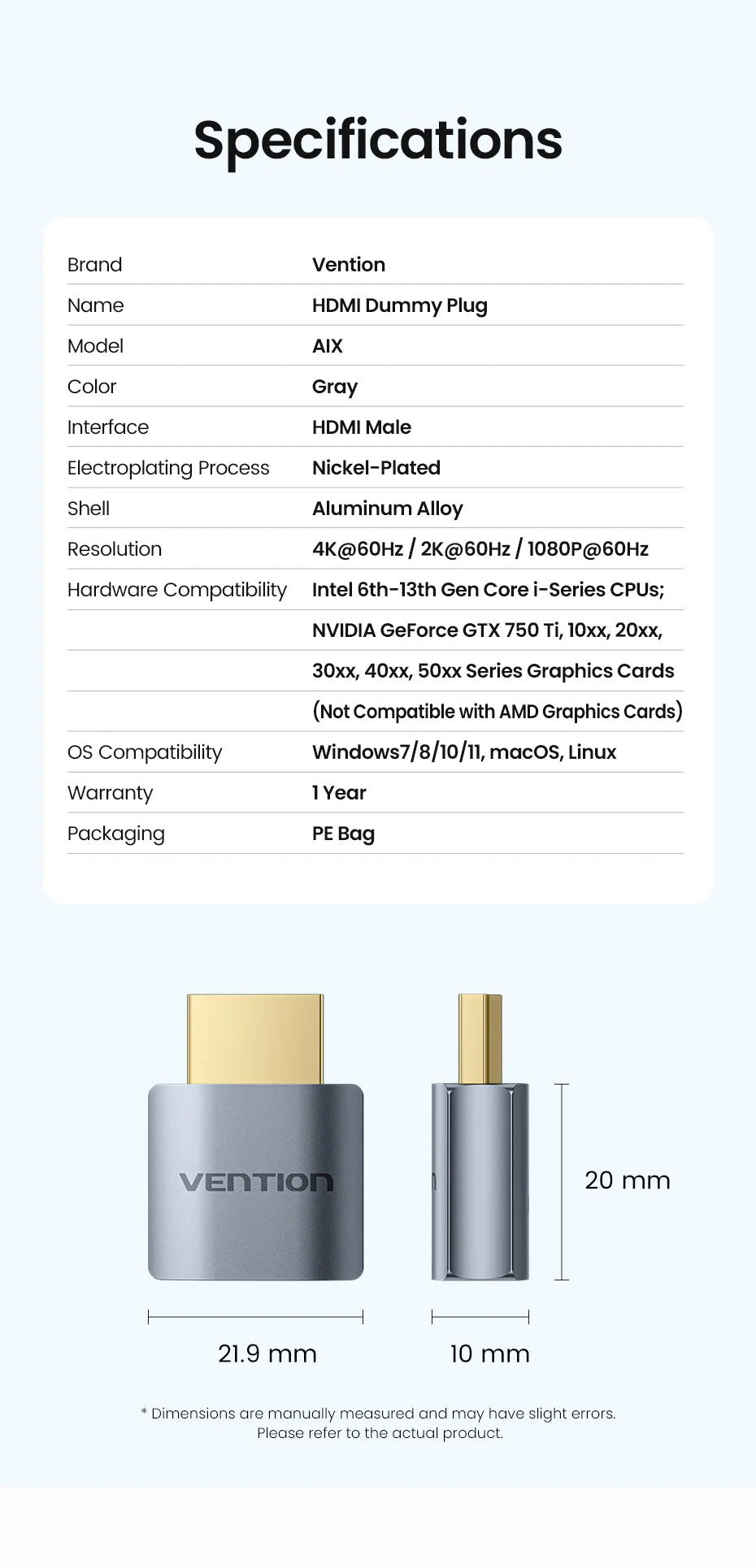 Vention Emulador de Pantalla Virtual HDMI 4K60Hz, Conector Ficticio sin Cabeza para Minero y Videojuegos, Pantalla Fantasma para Bloqueo de Pantalla AFK