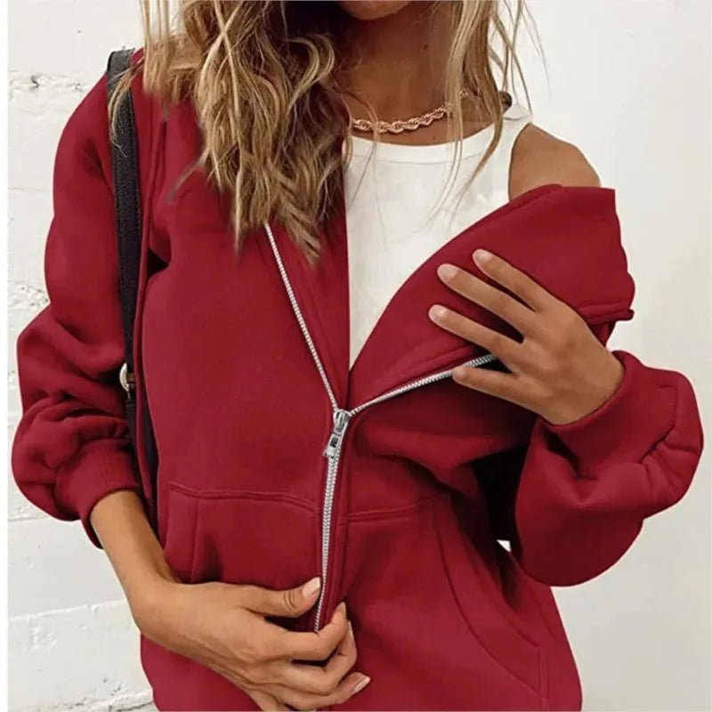 Sudadera gris con cremallera para mujer, chaqueta de otoño e invierno, ropa con capucha, sudaderas con bolsillos diarios, sudaderas con capucha lisas y versátiles de manga larga para mujer