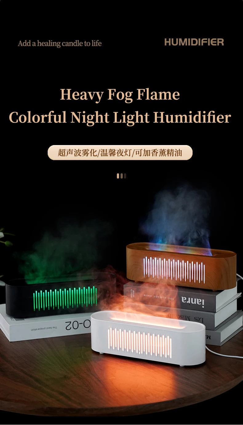Humidificador de aromaterapia con llama, atmósfera colorida, luz nocturna, humidificación silenciosa, diseño de ventilación de fondo suave