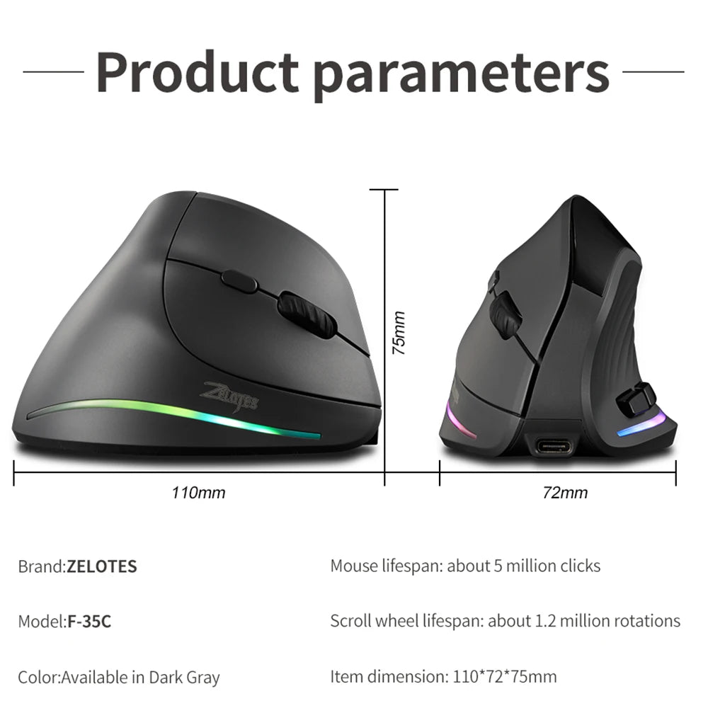 Ratón Inalámbrico Ergonómico Lefon 2.4G, Ratón Vertical Recargable para Juegos, para PC, Portátil, MacOS, Oficina, Modelo F35C/F35B/F35