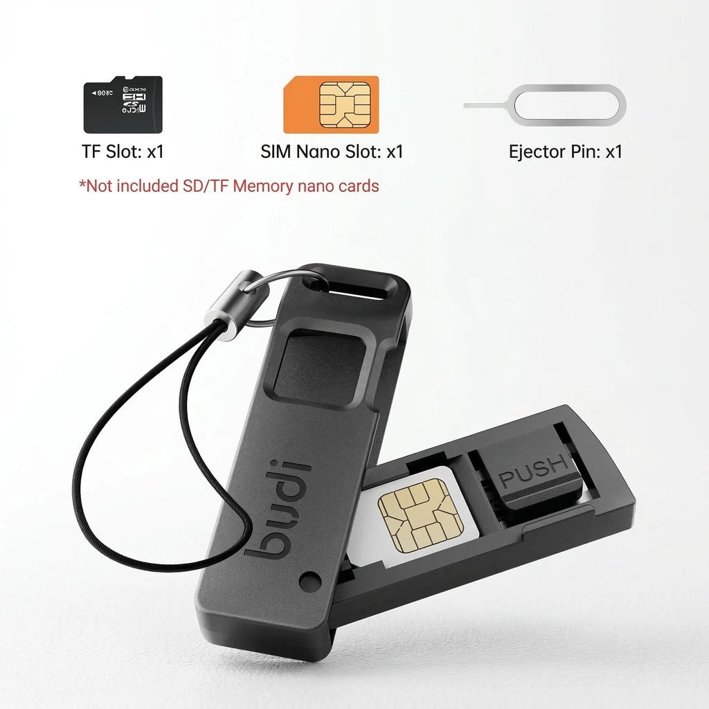 BUDI - Caja de Almacenamiento para Agujas de Extracción de Tarjetas SIM Antipérdida, Pin Expulsor Universal de Acero para Teléfono Móvil, Llavero con Abrebandejas para Tarjetas SIM y TF