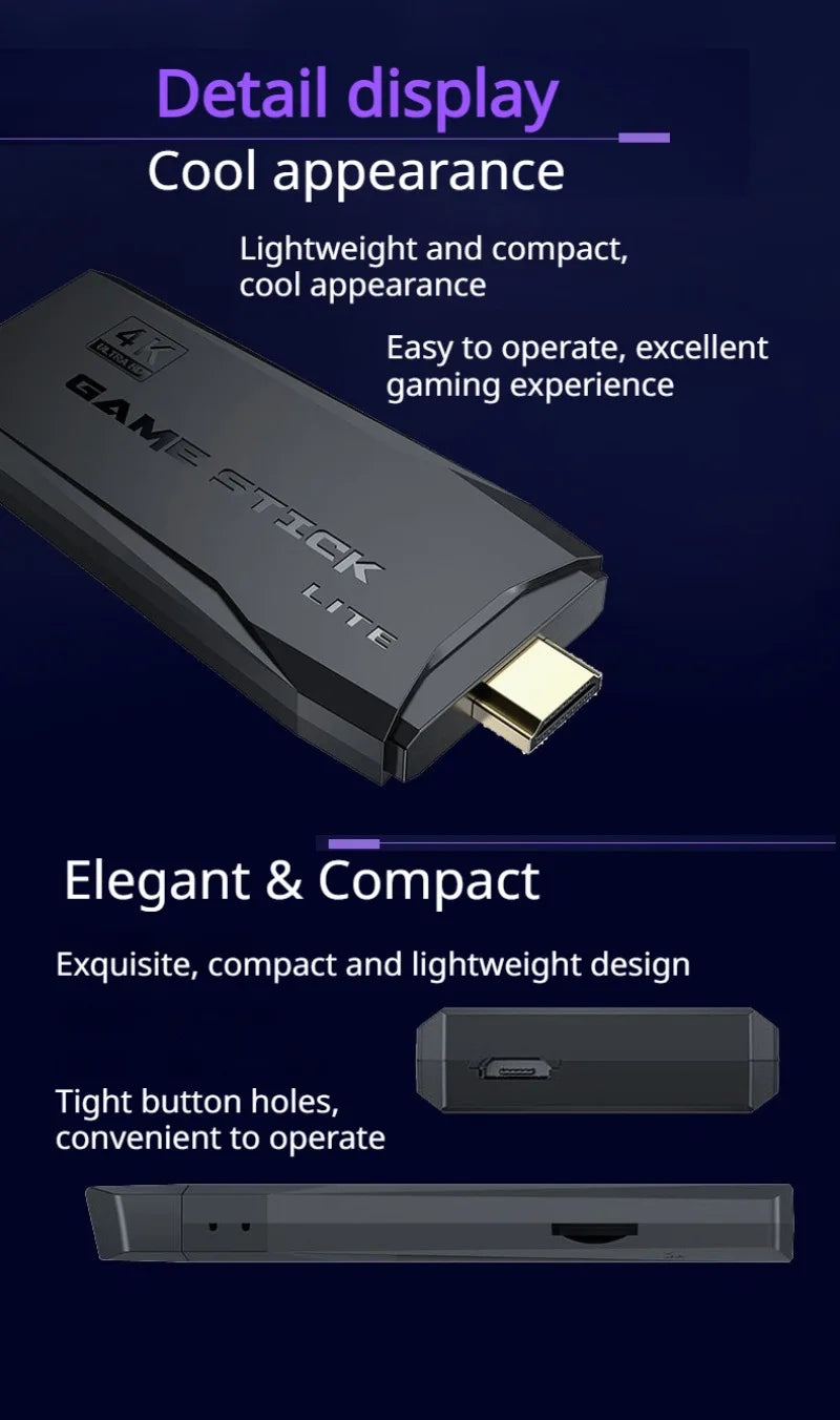 Consola de Videojuegos Retro 4K HD Game Stick Lite con Dos Controles Inalámbricos 2.4G, Plug & Play, con Juegos Clásicos Integrados