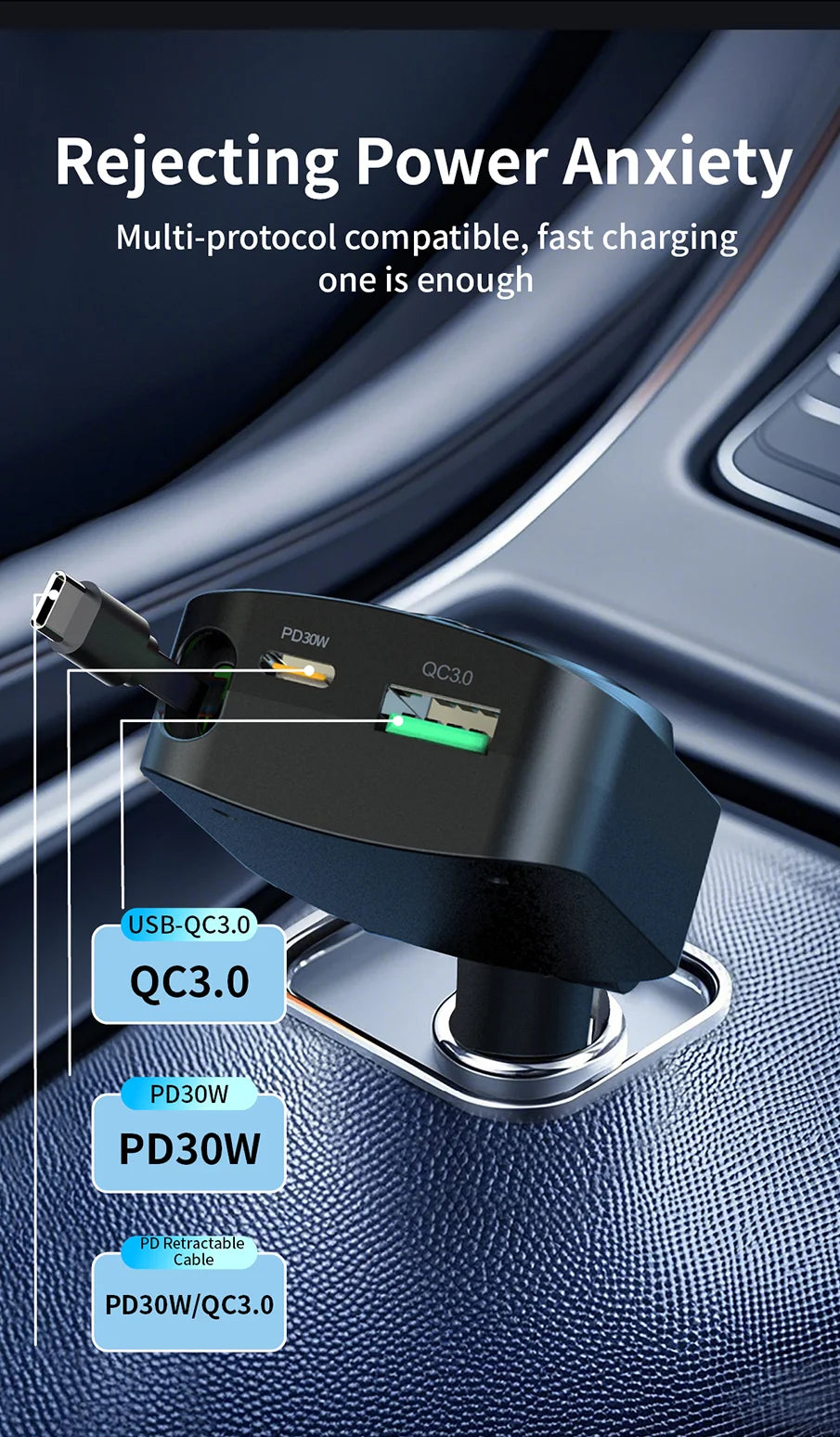 Cargador de Auto Retráctil 60W con Cable Tipo C PD30W y QC3.0 USB