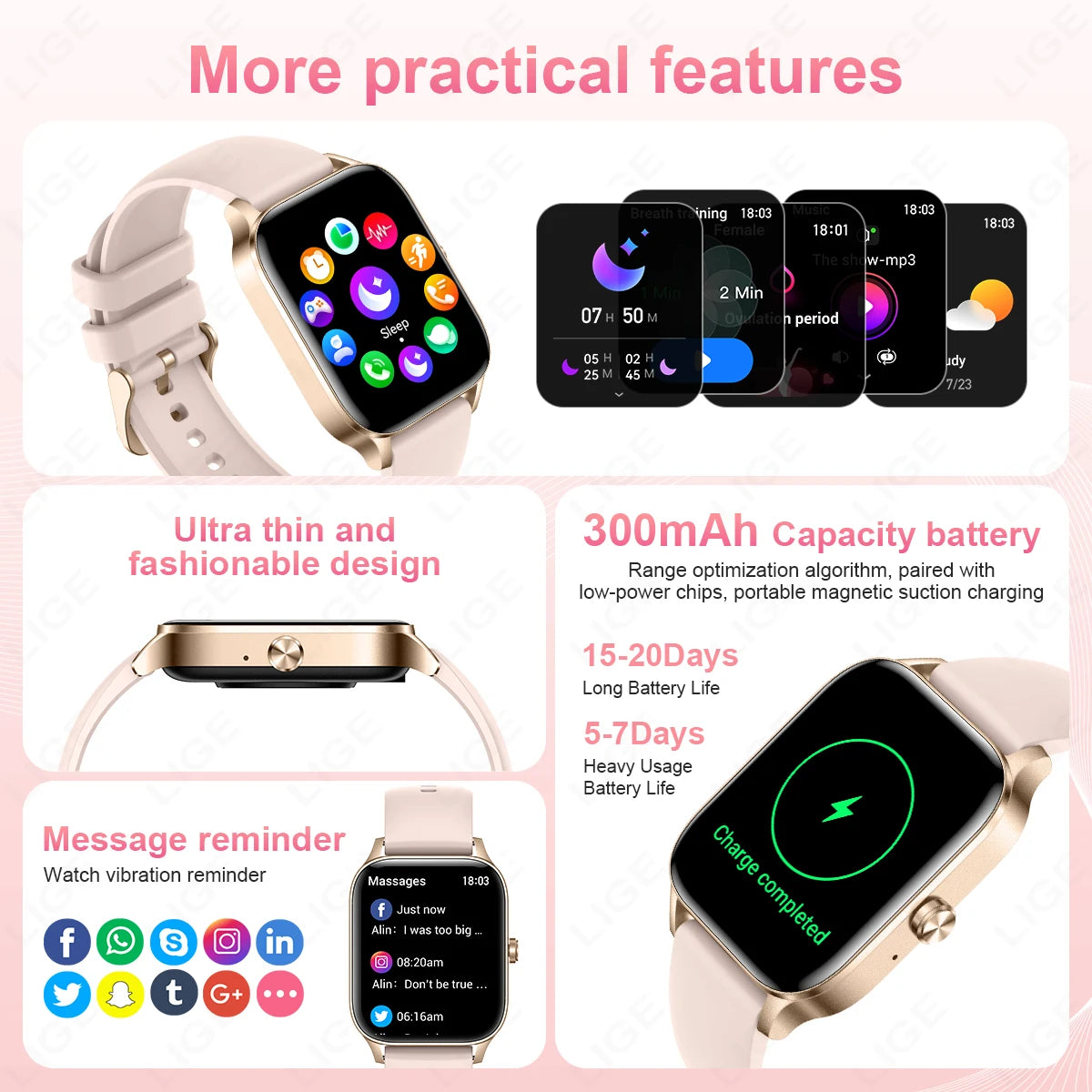 LIGE Reloj Inteligente Mujer HD 1.85 Bluetooth