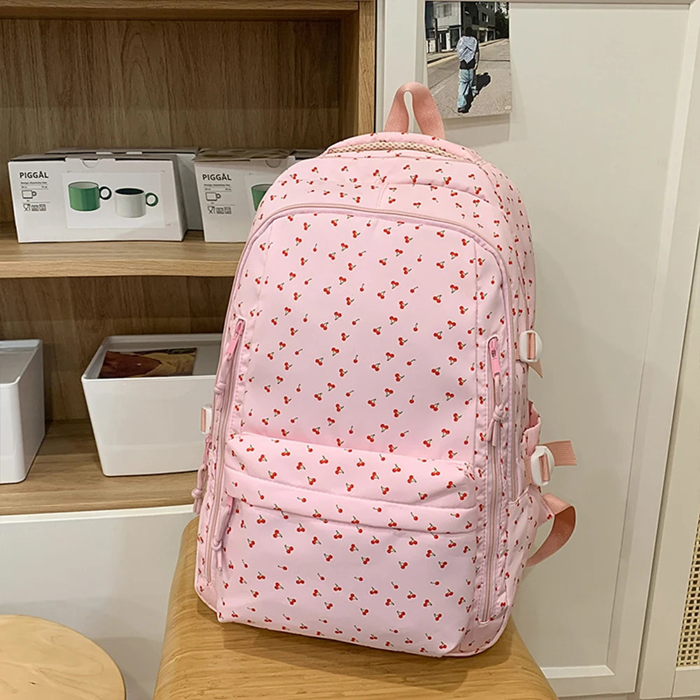 Mochila de Nailon con Estampado de Cerezas, Ligera y Resistente