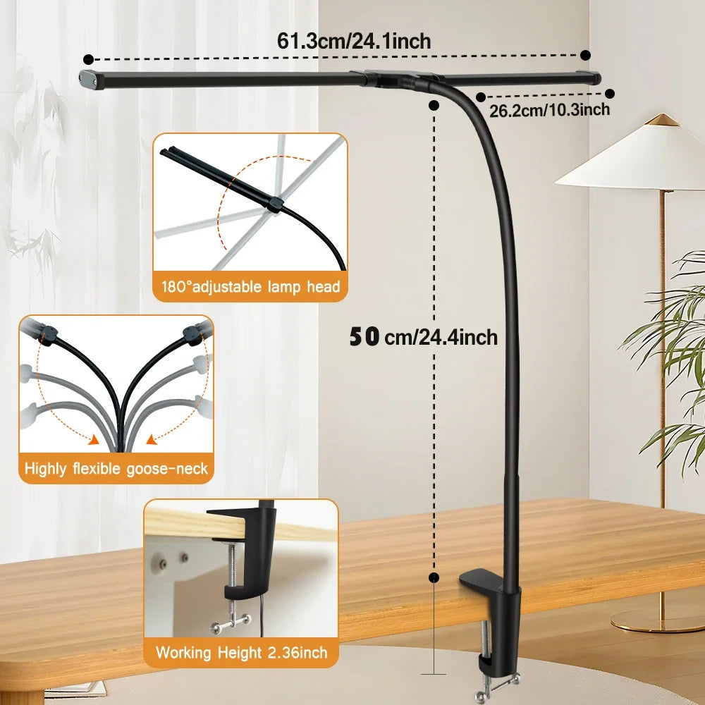 Lámpara LED de Escritorio Doble Cabezal con Clip y Brazo Regulable para Oficina