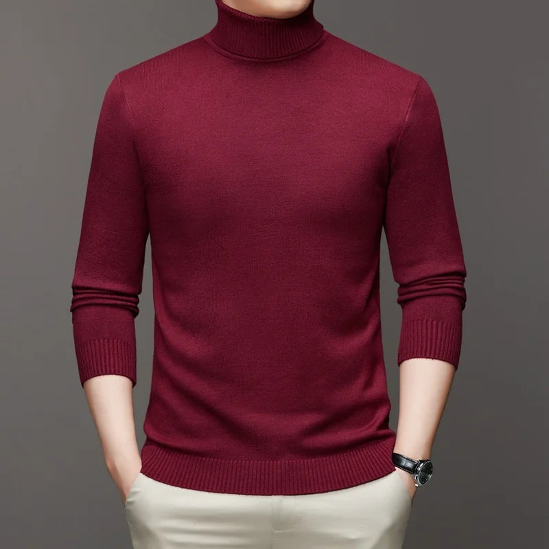 2025 nuevos suéteres de punto para hombre, jerseys transpirables de cuello alto de Color sólido, ropa de calle básica cálida para exteriores, Tops de negocios de otoño