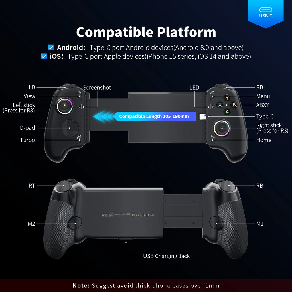 AceGamer Controlador de juegos móvil tipo C para iPhone 15 Series/Android, Gamepad de estiramiento Plug & Play con joysticks de efecto Hall