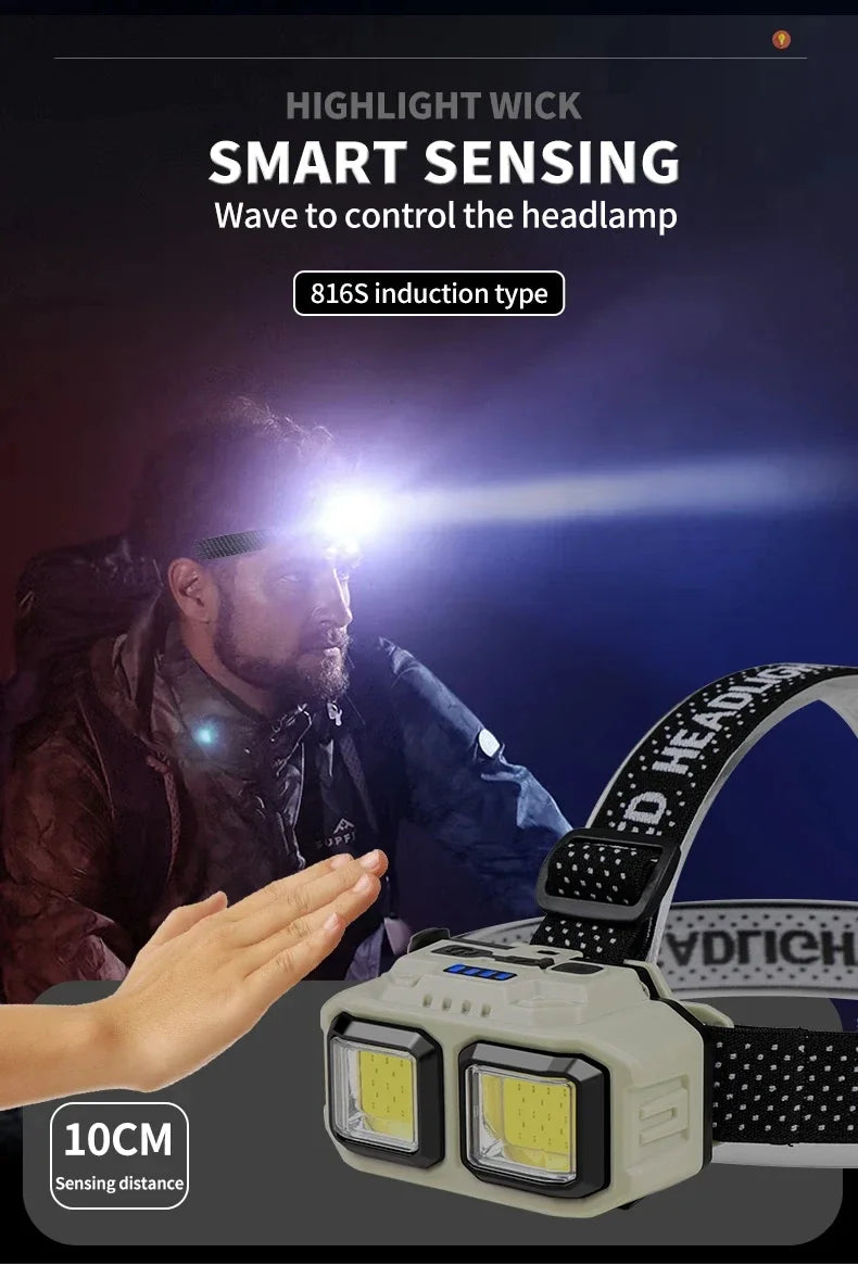 Linterna Frontal LED COB con Inducción y Recarga USB, para Camping