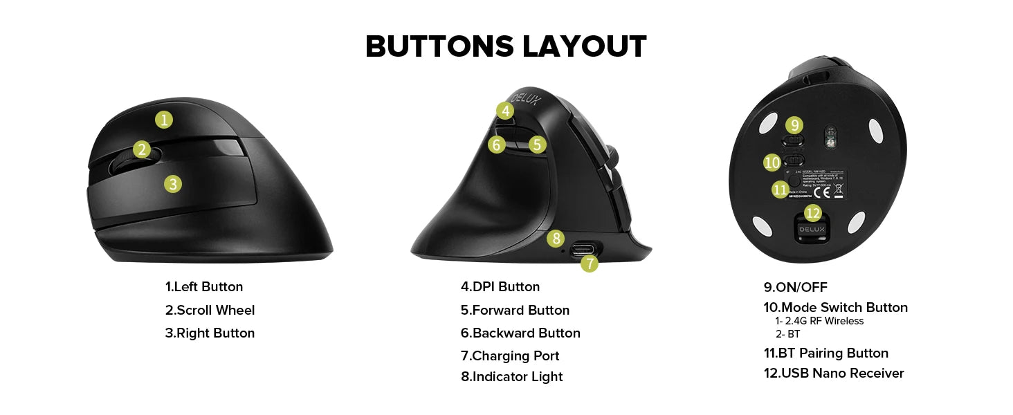 Delux M618ZD Ratón Vertical inalámbrico ergonómico de mano izquierda Bluetooth 2,4 GHz recargable silencioso clic ratones para oficina mano pequeña