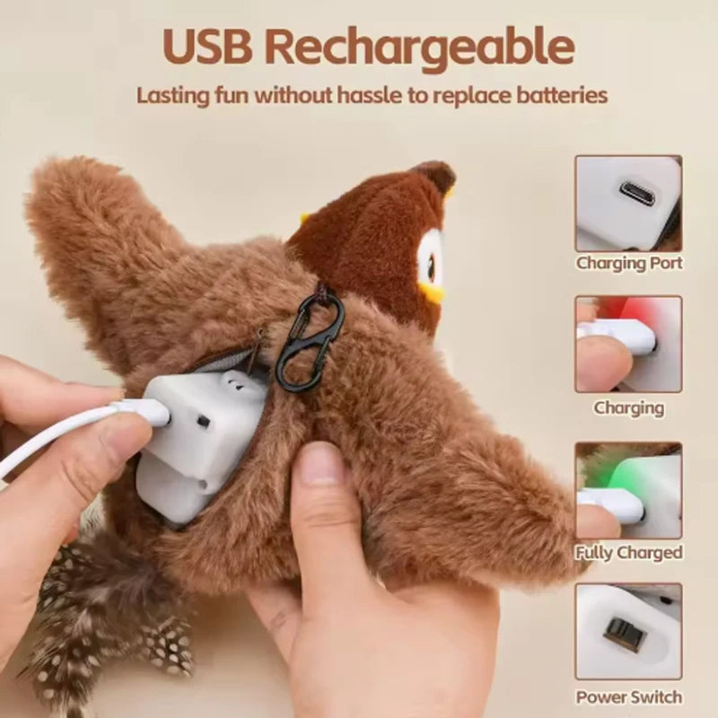 Juguete interactivo para gatos, pájaro batiente con hierba gatera, pájaro de simulación recargable, juguetes para gatos, juguetes de peluche esponjosos activados por tacto para gatos