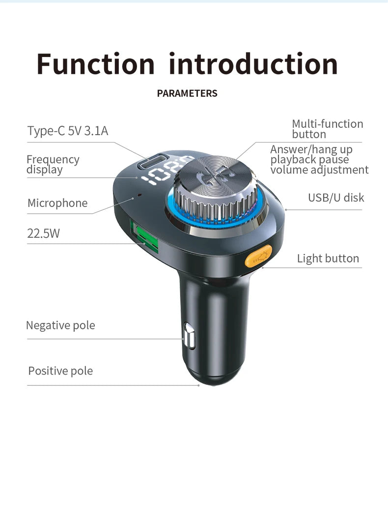 Transmisor FM Bluetooth 5.0 para Auto DYBO, Carga Rápida QC3.0 PD20W
