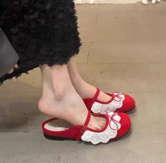 2025 Primavera Verano Nuevas zapatillas planas para mujer |   Zapatos de ballet Mary Jane de hada con lazo de encaje suave francés con punta cerrada y punta cuadrada