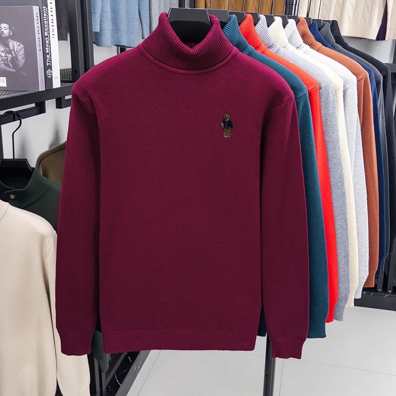 Suéter de Punto de Manga Larga para Hombre, Diseño de Alta Gama, Estampado de Oso, Cuello Alto, Estilo Informal, Versátil, Cálido y Moderno