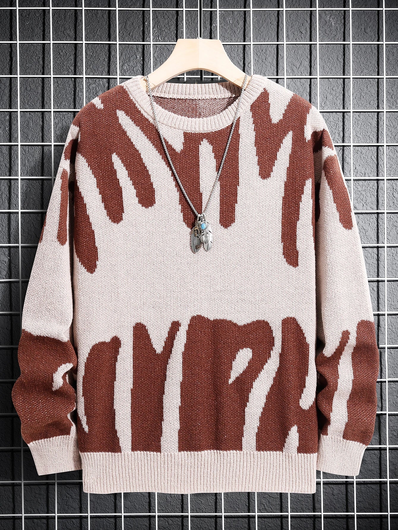 Nueva moda Otoño e Invierno suéter con patrón de Jacquard Irregular suéter informal de punto con bloques de Color para hombre