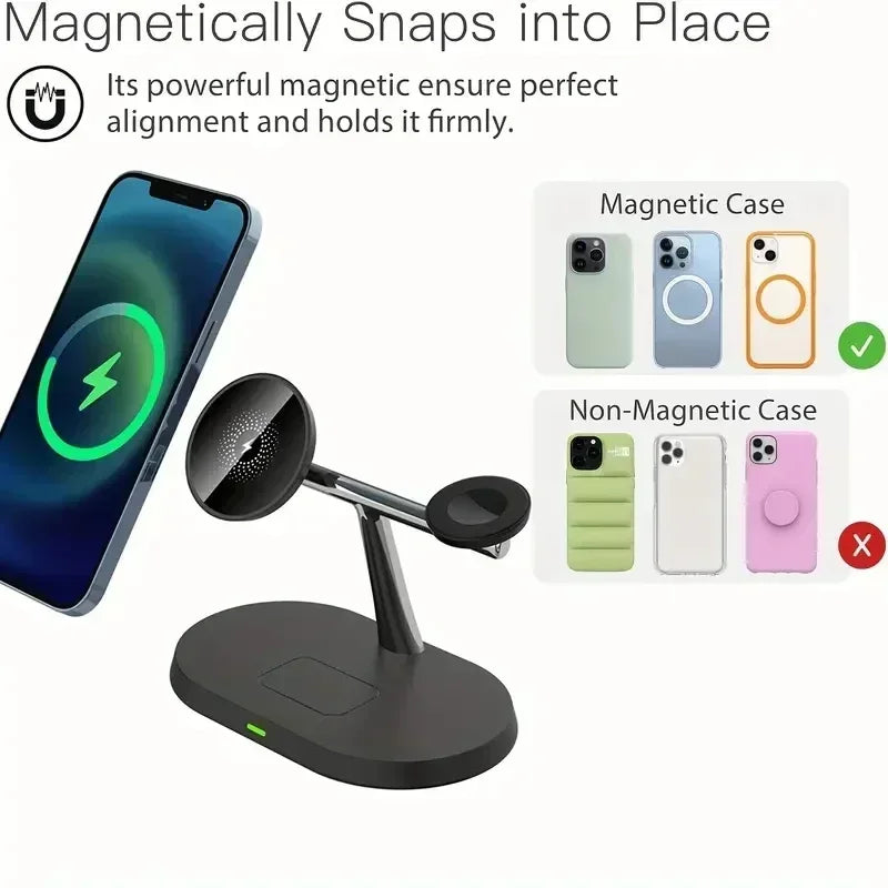 Estación de Carga Inalámbrica Magnética 3 en 1 para iPhone 17 16 15 14 Pro Max, Apple Watch 9 8, Airpods Pro, Base de Carga Macsafe