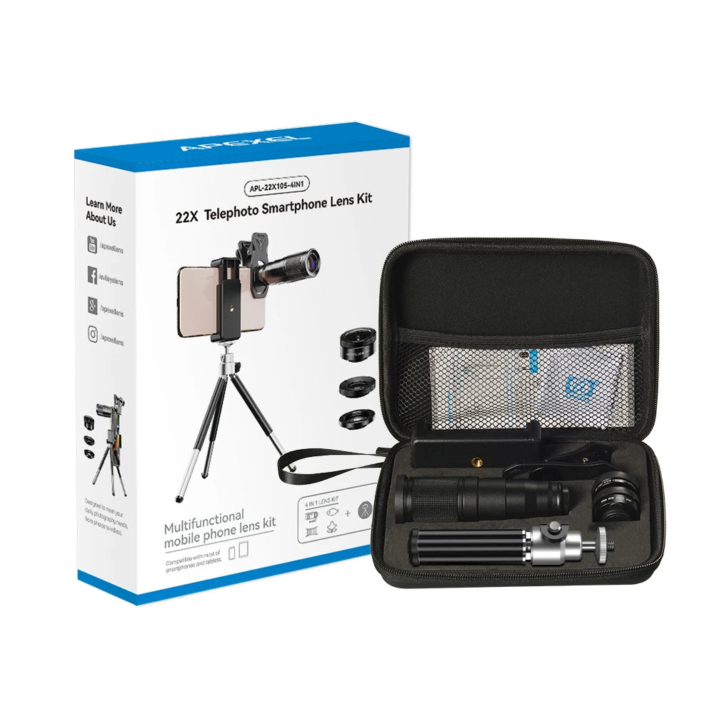 Kit Lentes 4 en 1 con Telescopio 22X para Teléfono APEXEL