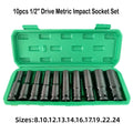 Juego de 10 Llaves de Impacto Profundas Métricas de 1/2 Pulgada, Resistentes y Universales, para Herramientas Neumáticas de Reparación