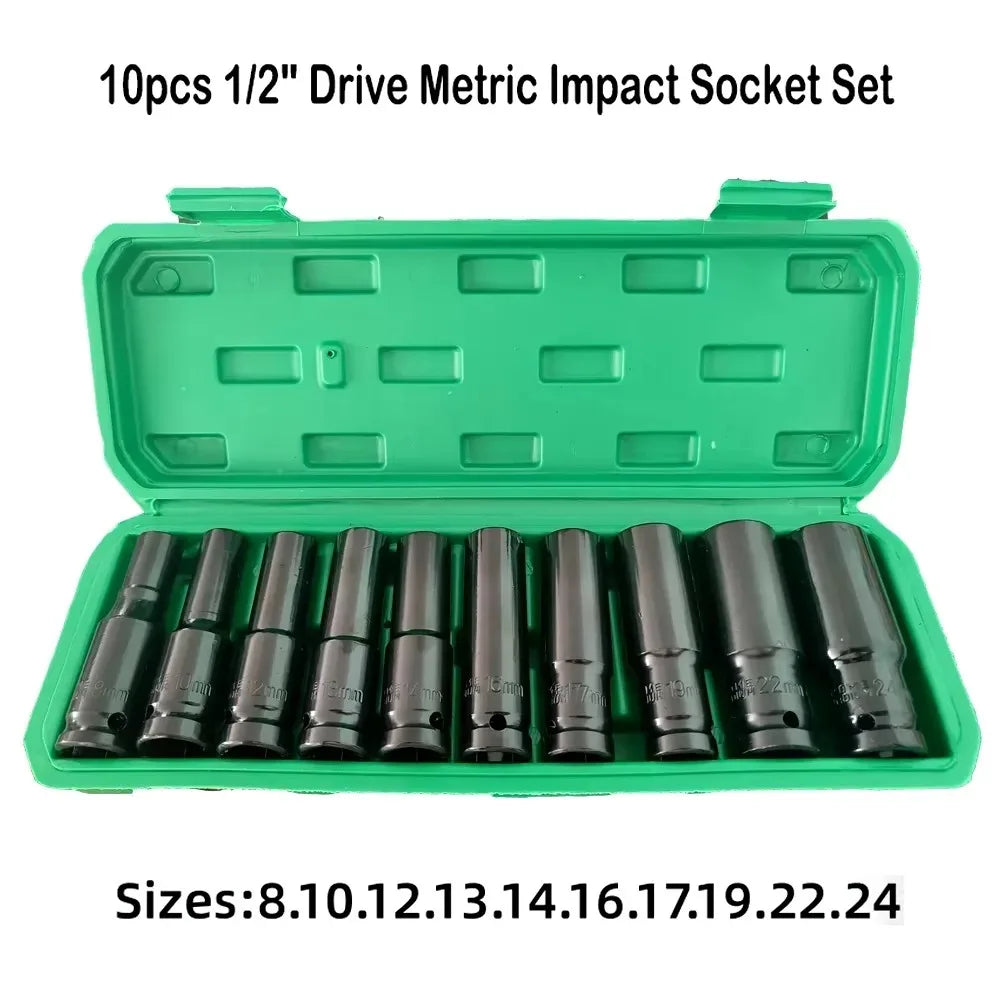 Juego de 10 Llaves de Impacto Profundas Métricas de 1/2 Pulgada, Resistentes y Universales, para Herramientas Neumáticas de Reparación