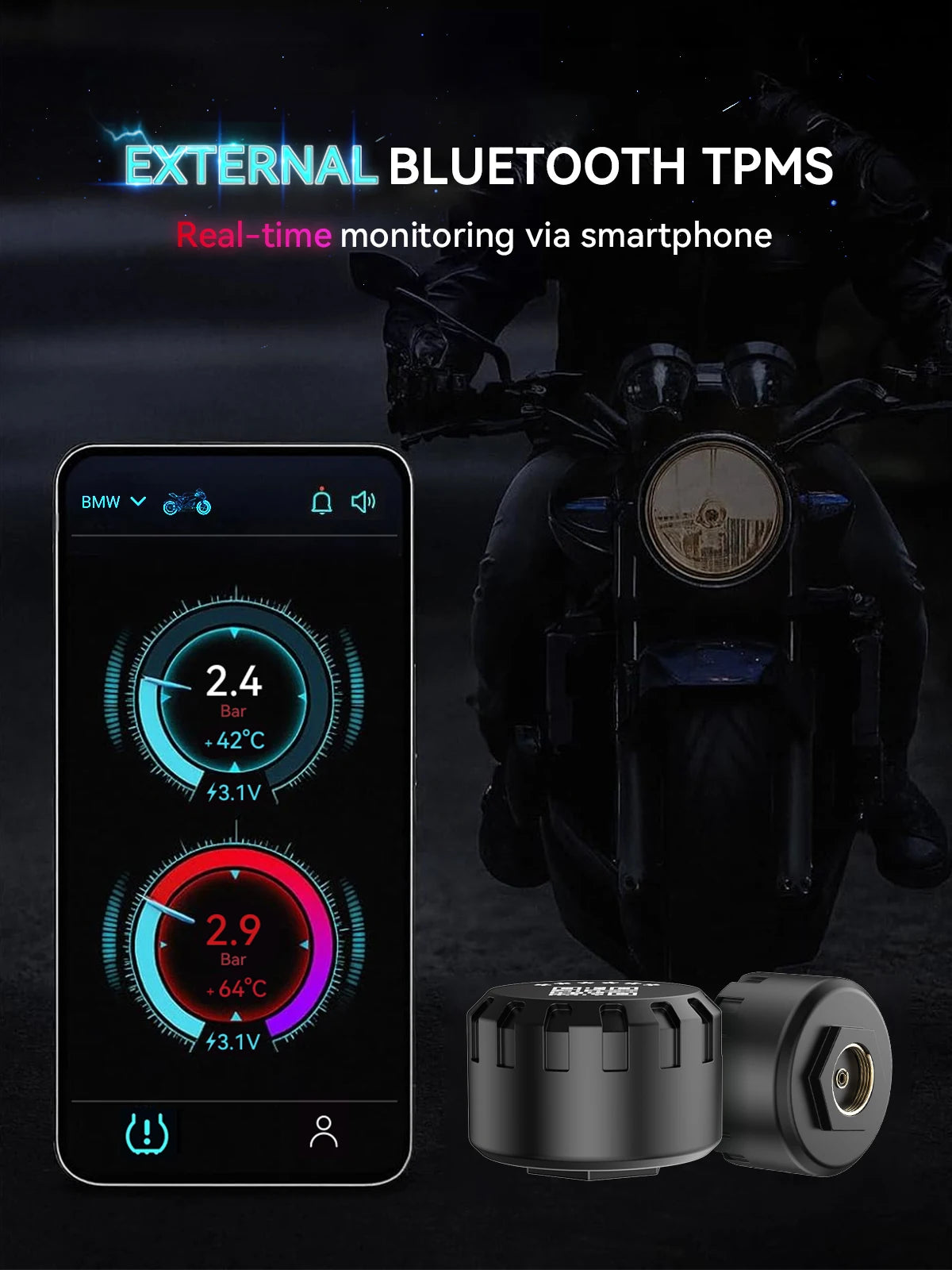 Sistema de supervisión de presión de neumáticos de motocicleta Bluetooth TPMS para motocicletas Monitor de presión y temperatura de neumáticos en tiempo Real con