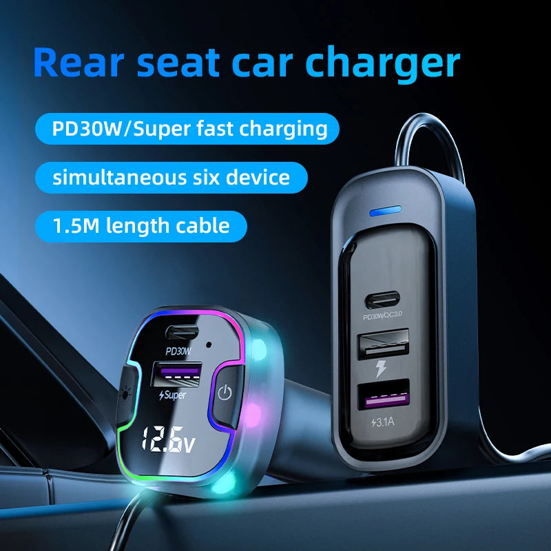 Cargador de Auto PD30W 5 Puertos con USB-C y Extensión para Asientos Traseros