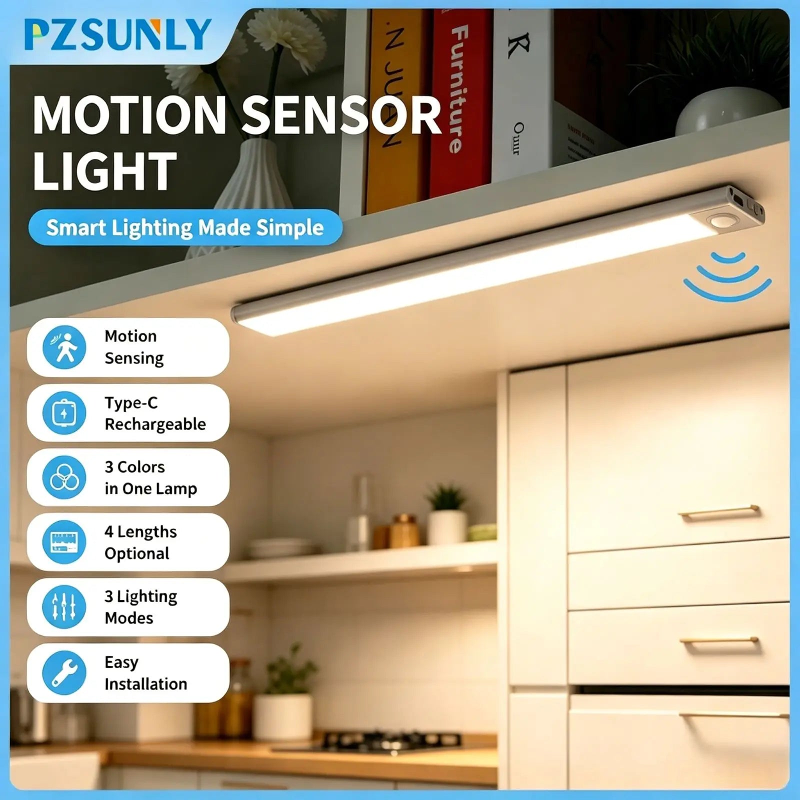 Luz LED con Sensor Movimiento Armario USB Recargable