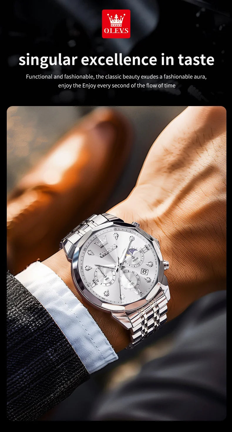Reloj OLEVS 3670 Cronógrafo para Hombre Fase Lunar Resistente al Agua