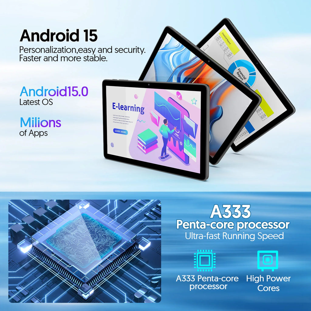 BAKEN tableta Android 15 de 10 pulgadas, procesador penta-core A333, 24GB (6GB + 18GB de expansión) RAM + 128GB ROM, 5G WiFi, 8000mAh