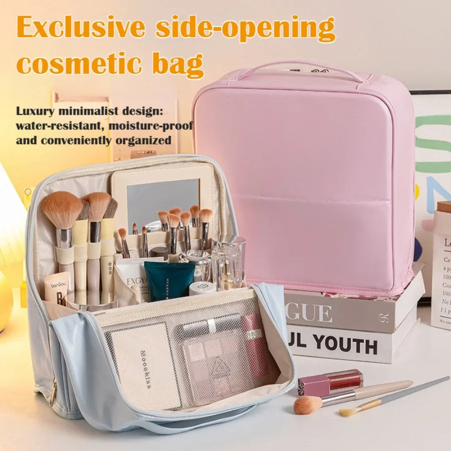 Bolsa de Maquillaje de Viaje para Mujer, Gran Capacidad, Impermeable, Organizador de Cosméticos con Abertura Amplia, Soporte para Brochas Independiente, Fácil Acceso