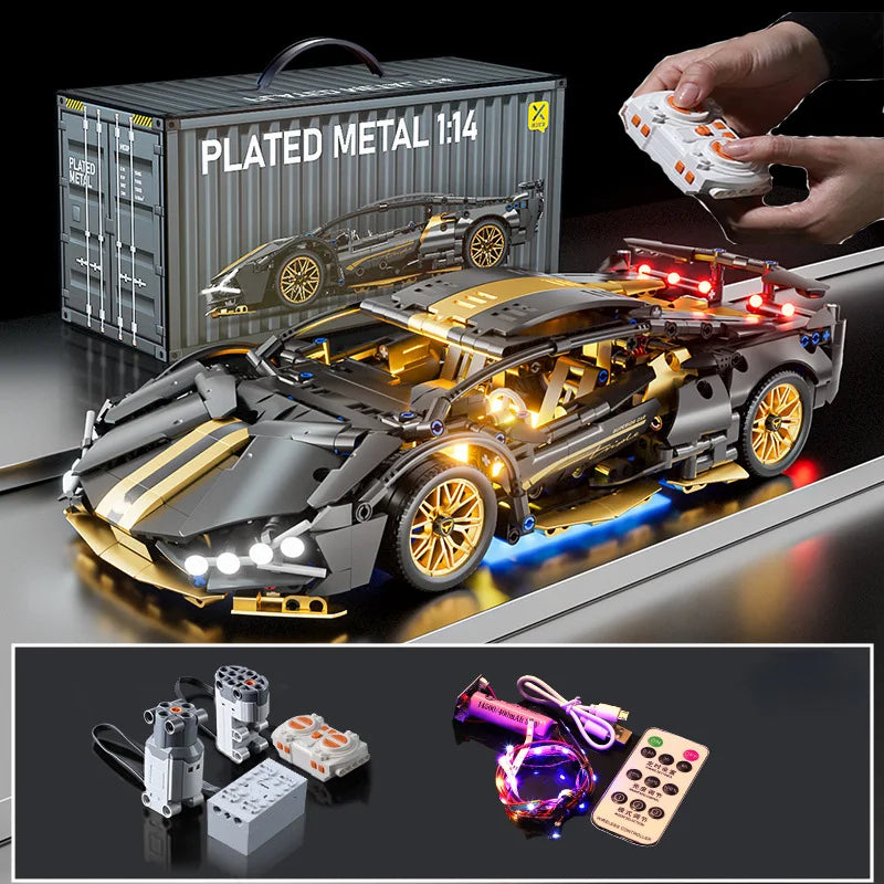 Tecnología 1:14 supercoche negro, bloques de construcción de carreras, coche de ladrillo ensamblado, juguete para regalo para niños, regalo de cumpleaños
